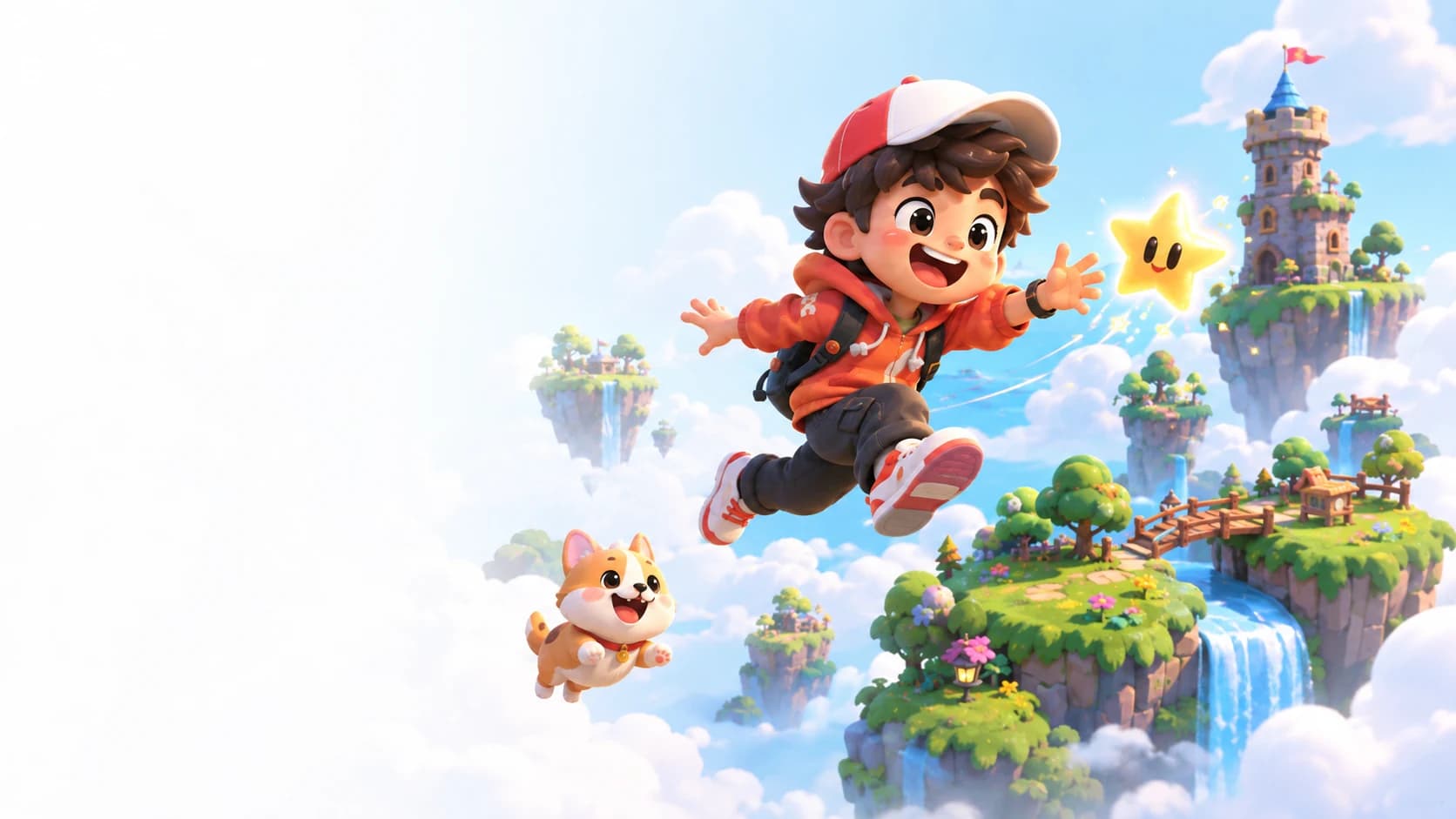 An adventurous child and cheerful dog leaping through a world of floating islands